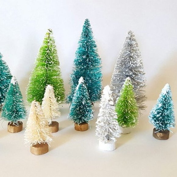 12 Mini GREEN GREY IVORY Miniature Sisal Bottle Brush Snow Flocked Trees - Picture 2 of 3